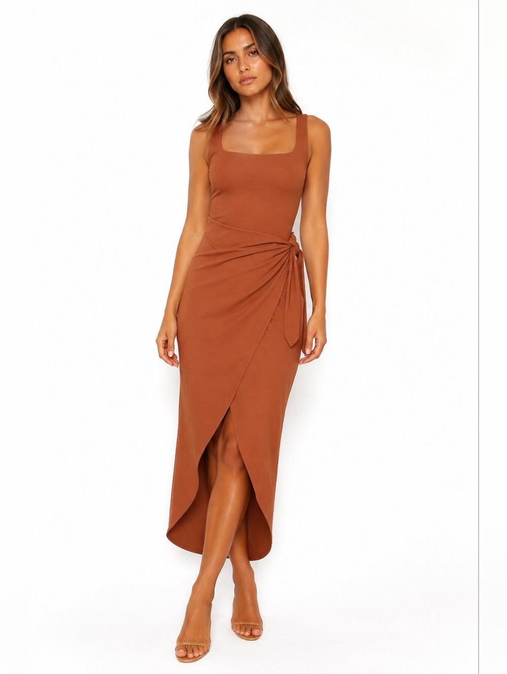 Wilfred Aritzia Rust Square-Neck Wrap Midi Dress Size S